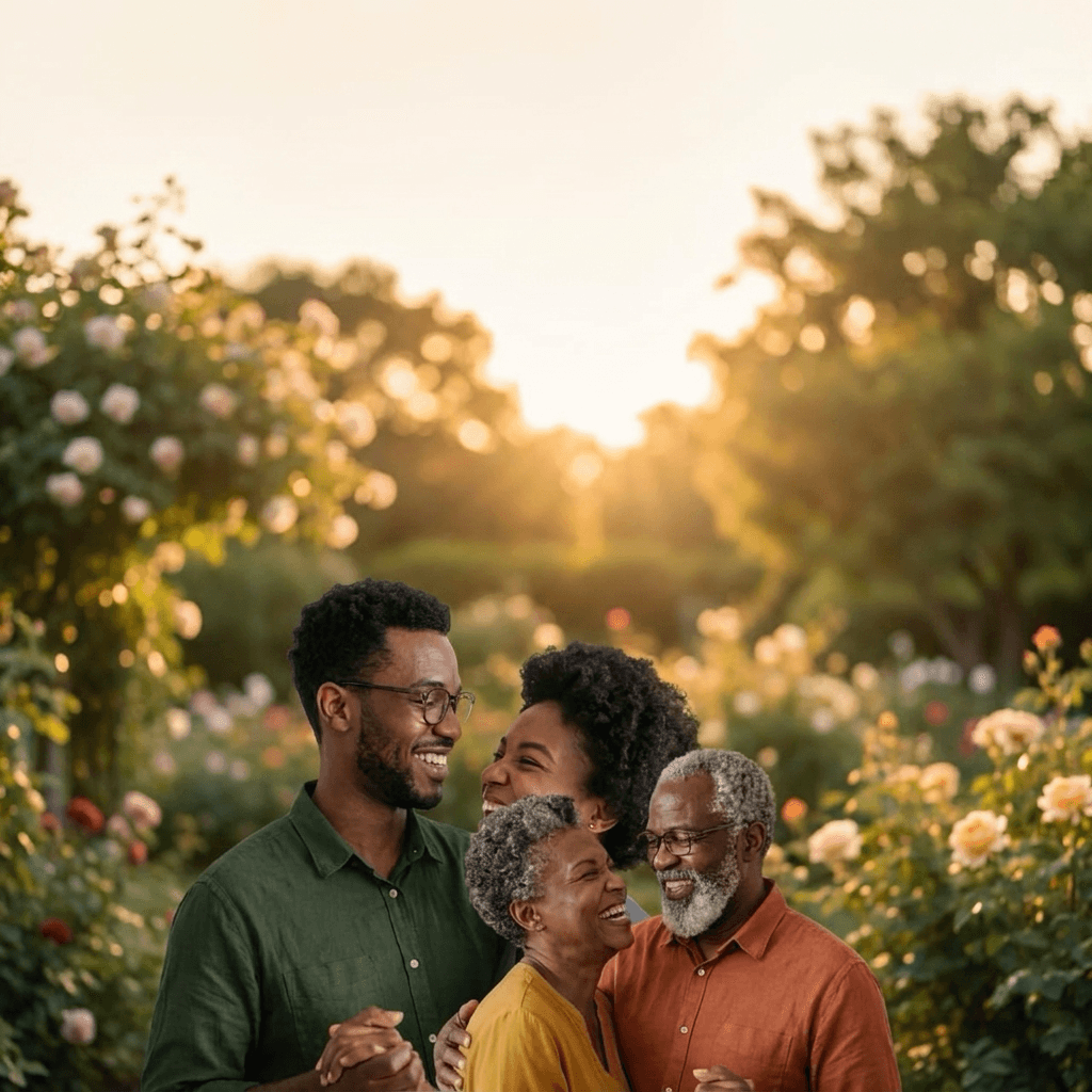 Two Nigerian couples — a young couple embraced in laughter and an elder couple beside them — in a rose garden at golden hour.